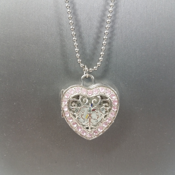 Heart Filigree Rhinestone SilvertoneWatch Necklace - Picture 4 of 7